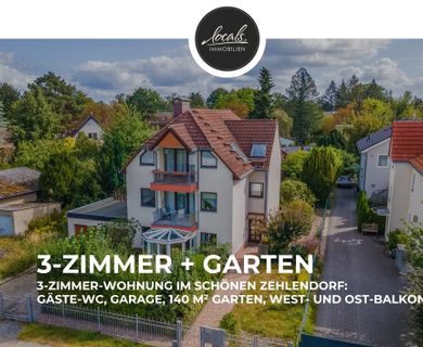 Sonnige 3-Zi.-Whg. in Zehlendorf: Gäste-WC, Garage, 140 m² Garten, Balkone nach Westen & Osten